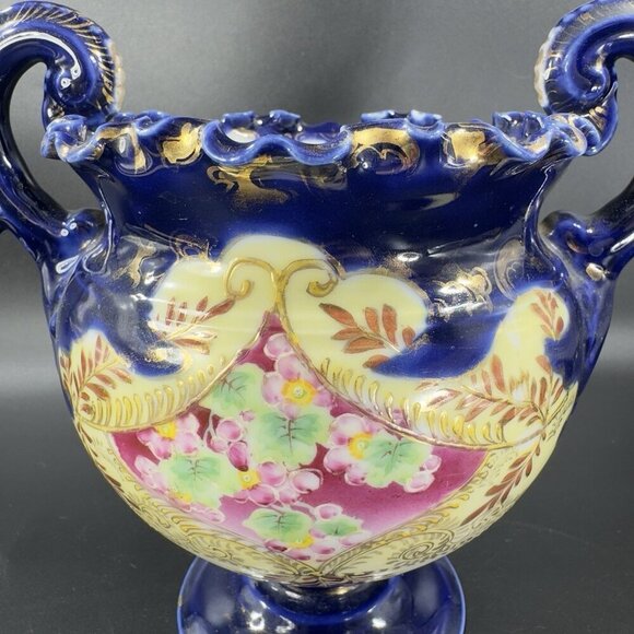 Antique Fine Porcelain Vase Vessel Footed Dish Bowl W Handles Decorated Ceramic - Picture 13 of 16